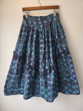 Telas Teal, Blue & Purple Ikat Tiered Fring Full Countryside Chic Midi Skirt